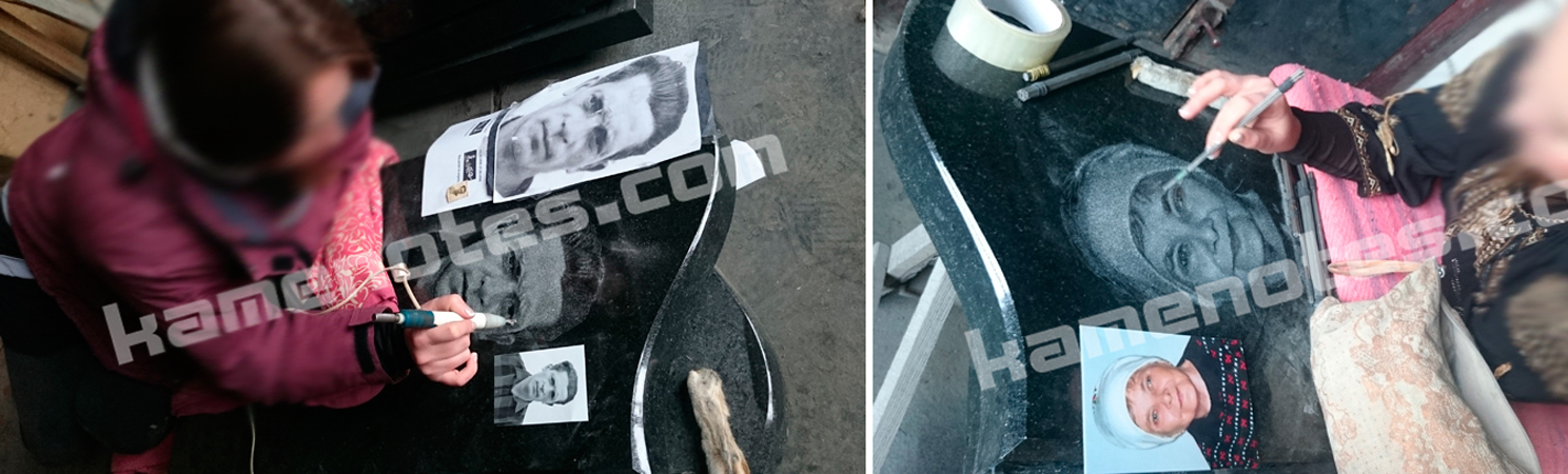 Художник наносить портрет на гранітний пам'ятник вручну